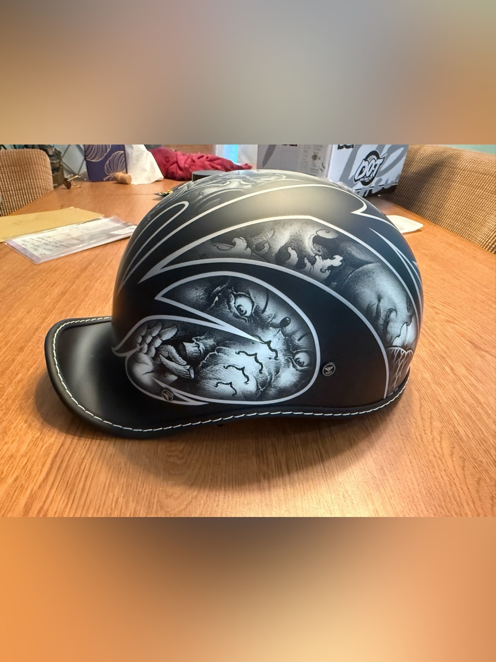 Matte Black DOT Half Helmet with White Graphic Skull Design